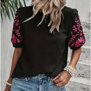 SHEIN Black Blouse with Pink Floral Sleeves